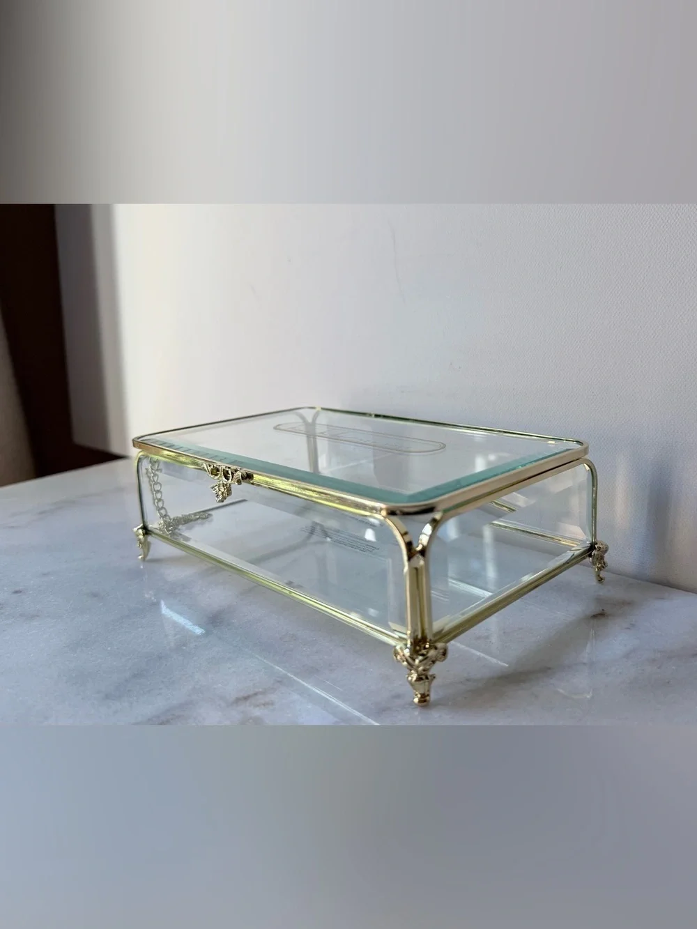 Glass Jewelry Display Box with Gold Frame vintage style